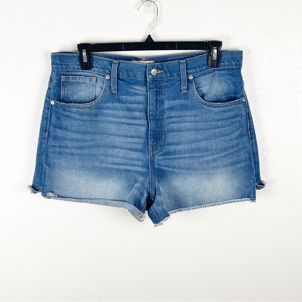 MADEWELL 100% Cotton Blue Denim High Rise Side Slits Frayed Hem Jean Shorts 32